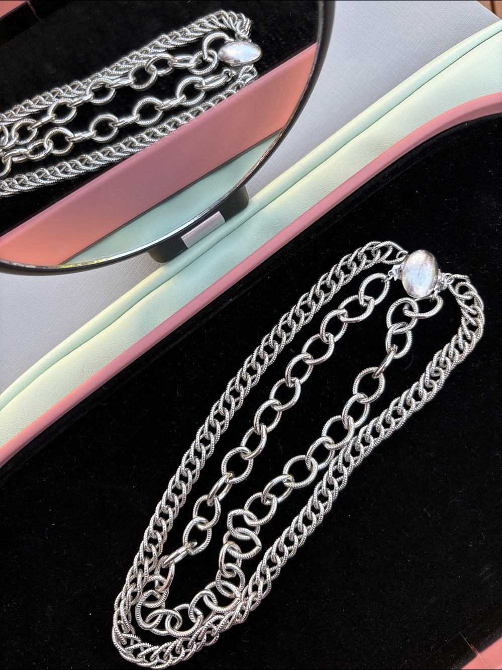 Vintage Multi-Strand Mixed Link Chunky Silver Curb Chain Statement Necklace #338